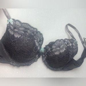 Adore Me Dark Gray Lace With Mint Accent Bow Padded Bra 36C NWOT